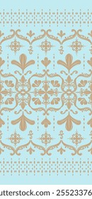 Luxury Filigree Gold on Blue Pastel Background. Silk weaves Embroidery Seamless Pattern Vector. The swirling vine-like stylized petals and ornamental flourishes blooming. Elaborate touch of modernity