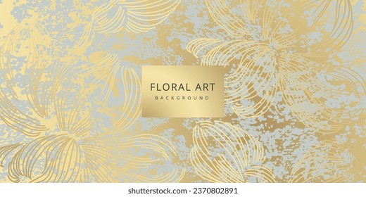 Luxury floral abstract background with gold hand drawn flowers. Vector design template for postcard, wall poster, business card, flyer, banner, wedding invitation, print, cover, wallpaper