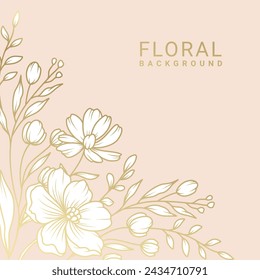 Luxury Floral art Background with hand drawn Flowers in gold and pink colors. Frame for Women's Day March 8, birthday and Mother's Day card, social media post, wedding invitation. Vector illustration