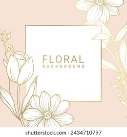 Luxury Floral art Background with hand drawn Flowers in gold and pink colors. Frame for Women's Day March 8, birthday and Mother's Day card, social media post, wedding invitation. Vector illustration