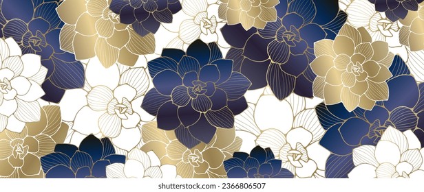 Luxury floral background with gold, blue and white flowers. Beautiful vector background for various designs, creating wallpapers, cards, posts on social networks.