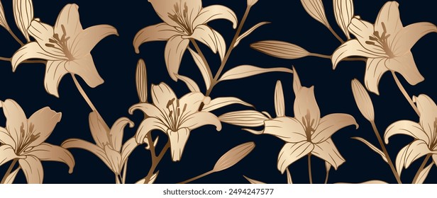 Luxury floral background with golden lily flowers. Vector floral illustration