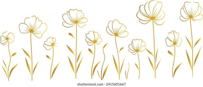 Luxury Floral Background Line Art Vector Illustration Set, Spring Flowers Outline, Botanical Line Drawing, Golden Blossom Pattern frame design for wedding, invitation