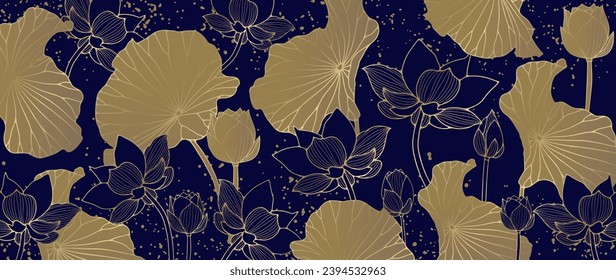 Luxury floral background, poster, banner with gold and blue water lily flowers.