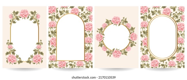 Luxury Floral Background Template Set with Gold Frame, Elegant Pastel Blue Rose, Pink Chrysanthemum Flowers and Leaf Branch Elements