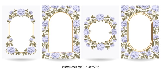 Luxury Floral Background Template Set with Gold Frame, Elegant Pastel Blue Rose Flowers and Leaf Branch Elements