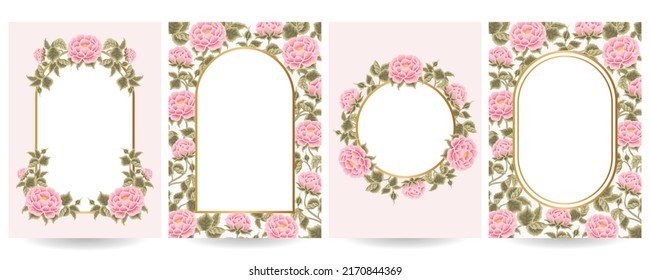 Luxury Floral Background Template Set with Gold Frame, Elegant Pastel Pink Peony Flowers and Leaf Branch Elements