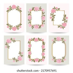 Plantilla de fondo floral de lujo con marco dorado, flores rosadas rosadas y elementos de bifurcación de hojas