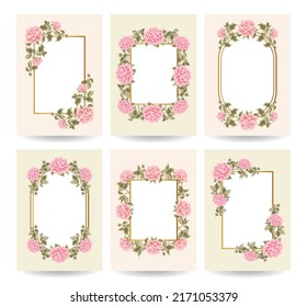 Luxury Floral Background Template Set with Gold Frame, Elegant Pastel Pink Rose Flowers and Leaf Branch Elements