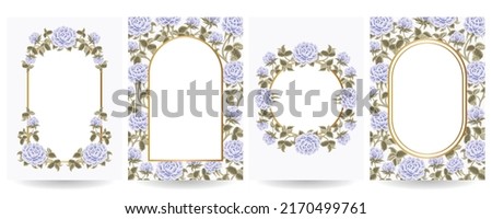 Luxury Floral Background Template Set with Gold Frame, Elegant Pastel Blue Rose Flowers and Leaf Branch Elements