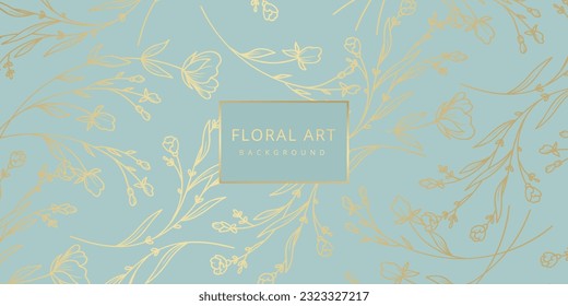 Luxury floral blue abstract background with gold hand drawn flowers. Vector design template for postcard, wall poster, business card, flyer, banner, wedding invitation, print, cover, wallpaper