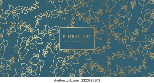 Luxury floral blue abstract background with gold hand drawn flowers. Vector design template for postcard, wall poster, business card, flyer, banner, wedding invitation, print, cover, wallpaper