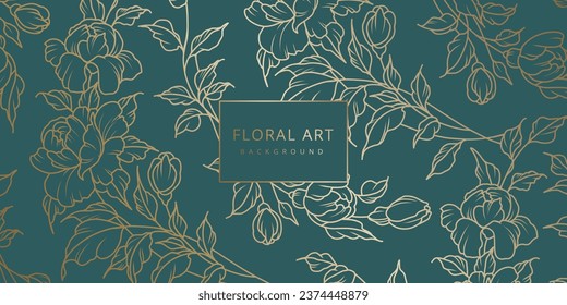 Luxury floral blue abstract background with gold hand drawn flowers. Vector design template for postcard, wall poster, business card, flyer, banner, wedding invitation, print, cover, wallpaper