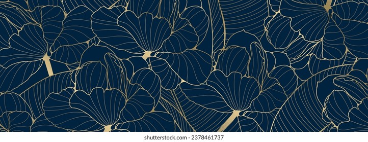 Luxury floral blue background with golden lush flowers and leaves. Dark vector background for decor, wallpaper, covers and presentations.