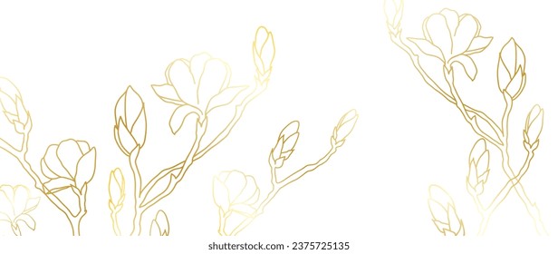 Luxury floral botanical background on white background vector. Elegant handmade magnolia with flowers and branches. Golden floral design.	