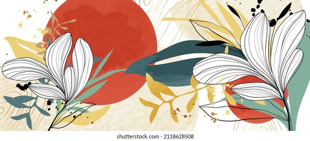 Luxury floral and botanical in line art style background. Minimal summer tone wallpaper with tropical flowers, leaves, branch and circle sun. Colorful golden brush vector for banner, prints, covers.