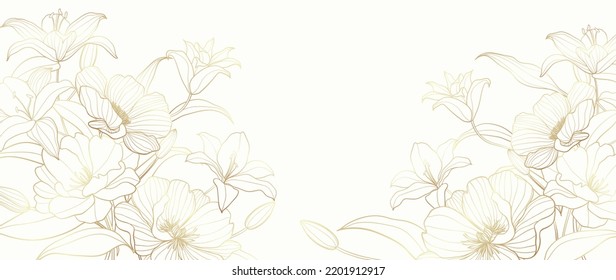 Luxury floral botanical on white background vector. Elegant gold line wallpaper lily, flowers, leaves, foliage, branches in hand drawn. Golden blossom frame design for wedding, invitation.