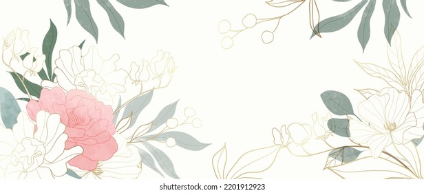 Luxury floral botanical on white background vector. Elegant gold line wallpaper lily, roses, leaves, foliage, branches in hand drawn. Watercolor flower blossom frame design for wedding, invitation.