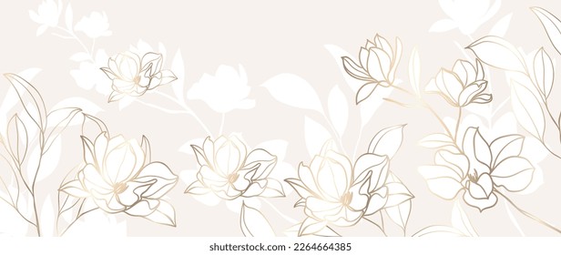 Luxus floraler botanischer Stoff auf weißem Hintergrund, Vektorgrafik. Elegante goldene Tapetenlilie, Blumen, Blätter, Blätter, Blätter, Zweige in handgezeichnet. Goldener Blütenrahmen für Hochzeit, Einladung.