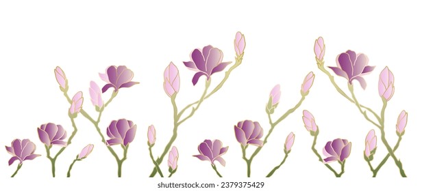 Luxury floral botanical vector background. Elegant pink magnolia with golden frame, flowers, leaves, branches hand drawn. Elegant design for banner, invitation, packaging, wall art.	