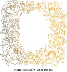 Luxury Floral Corner Frame with Lotus Peony and Cherry Blossoms in Golden Gradient Line Art for Elegant Botanical Wedding Invitations and Decorative Design

