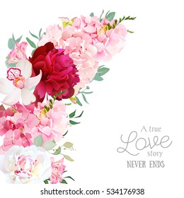 Luxury floral crescent shape vector frame with peony, alstroemeria lily, orchid, hydrangea, eucalyptus on white. Pink, white and burgundy red flowers. All elements are isolated and editable
