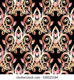 Luxury floral damask seamless pattern background wallpaper illustration with vintage pink 3d  flowers, leaves and antique baroque curl ornaments with gold outline.Decor with shadows and highlights.