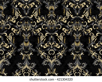 Luxury floral damask wallpaper. Seamless pattern background. Vector illustration, Golden gray tone ornate pattern on black backdrop.