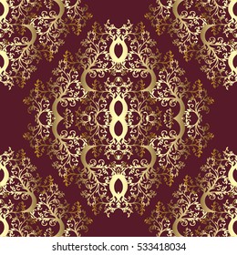 Luxury floral dark red vector seamless pattern  background wallpaper with vintage gold  flowers, leaves, rhombus and flowery ornaments.