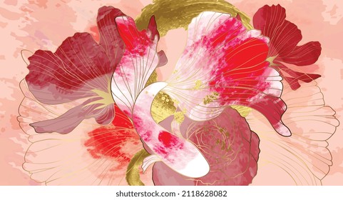 Luxury floral and fish in line art style background. Watercolor wallpaper with gold and red shades of flowers and crap fish. Golden brush vector for banner, prints, covers.