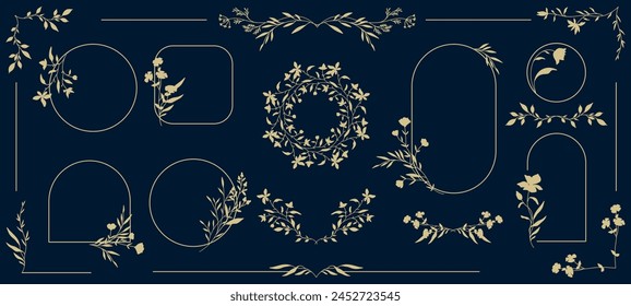 Marcos florales de lujo y Plantillas de logotipo con siluetas de ramas, hojas y flores. Elementos Guardar delicados dibujados a mano del Vector para la invitación de la boda, tarjeta, logotipo, etiqueta, marca,