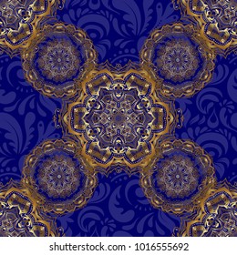 Luxury floral frames and ornate decor. Vector golden elements for vignettes and borders or design template. Seamless pattern in Victorian style on a blue background.