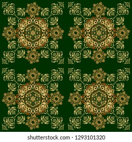 Luxury floral frames and ornate decor. Seamless pattern in Victorian style on a green background. Vector golden elements for vignettes and borders or design template.