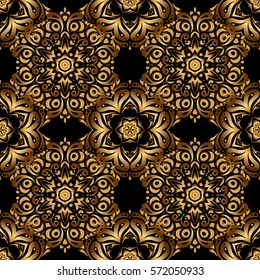Luxury floral frames and ornate decor. Vector golden elements for vignettes and borders or design template. Seamless pattern in Victorian style on a black background.