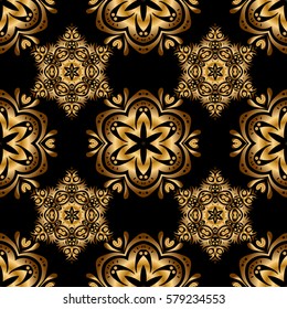 Luxury floral frames and ornate decor. Vector golden elements for vignettes and borders or design template. Seamless pattern in Victorian style on a black background.