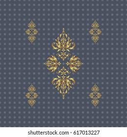 Luxury floral frames and ornate decor. Vector golden elements for vignettes and borders or design template. Seamless pattern in Victorian style on a gray background.