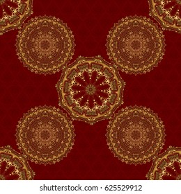Luxury floral frames and ornate decor. Vector golden elements for vignettes and borders or design template. Seamless pattern in Victorian style on a red background.