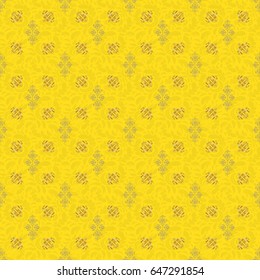 Luxury floral frames and ornate decor. Vector golden elements for vignettes and borders or design template. Seamless pattern in Victorian style on a yellow background.