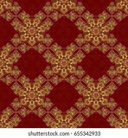 Luxury floral frames and ornate decor. Vector golden elements for vignettes and borders or design template. Seamless pattern in Victorian style on a red background.