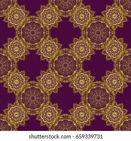 Luxury floral frames and ornate decor. Vector golden elements for vignettes and borders or design template. Seamless pattern in Victorian style on a purple background.