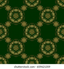 Luxury floral frames and ornate decor. Vector golden elements for vignettes and borders or design template. Seamless pattern in Victorian style on a green background.
