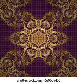 Luxury floral frames and ornate decor. Vector golden elements for vignettes and borders or design template. Seamless pattern in Victorian style on a purple background.