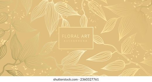 Luxury floral gold abstract background with hand drawn flowers. Vector design template for postcard, wall poster, business card, flyer, banner, wedding invitation, print, cover, wallpaper