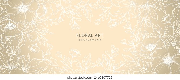 Luxury floral gold background with hand drawn white flowers. Vector design template for postcard, wall poster, business card, flyer, banner, wedding invitation, print, cover, wallpaper