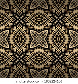 Luxury floral gold seamless pattern. Golden flowers ornament. Decorative beautiful patterns. Ornamental vector background. Ethnic style repeat backdrop. Ornate design with dots, circles, holes, shapes