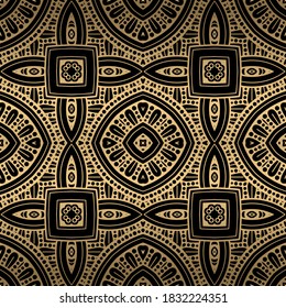 Luxury floral gold seamless pattern. Golden flowers ornament. Decorative beautiful patterns. Ornamental vector background. Ethnic style repeat backdrop. Ornate design. Dots, circles, holes, shapes.