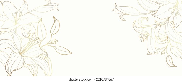 Luxury floral golden line art wallpaper vector. Design with lily, flowers, leaf branches, foliage. Elegant wall art background illustration for decorative, decor, frame, website, invitation card.