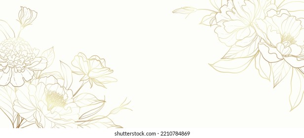 Vector de papel pintado de la línea dorada floral de lujo. Diseño con rosas, flores, ramas de hojas, follaje. Elegante ilustración de fondo de arte en la pared para decoración, decoración, marco, sitio web, tarjeta de invitación.