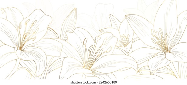 Papel tapizados de lujo de la línea dorada floral. Elegante degradado de fondo de flores de lirio dorado. Ilustración de diseño para decoración, tarjeta, decoración de casa, invitación, embalaje, impresión, portada, banner.