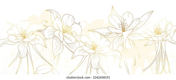 Luxury floral golden line art wallpaper. Elegant blooming golden wildflowers pattern background. Design illustration for decorative, card, home decor, invitation, packaging, print, cover, banner.